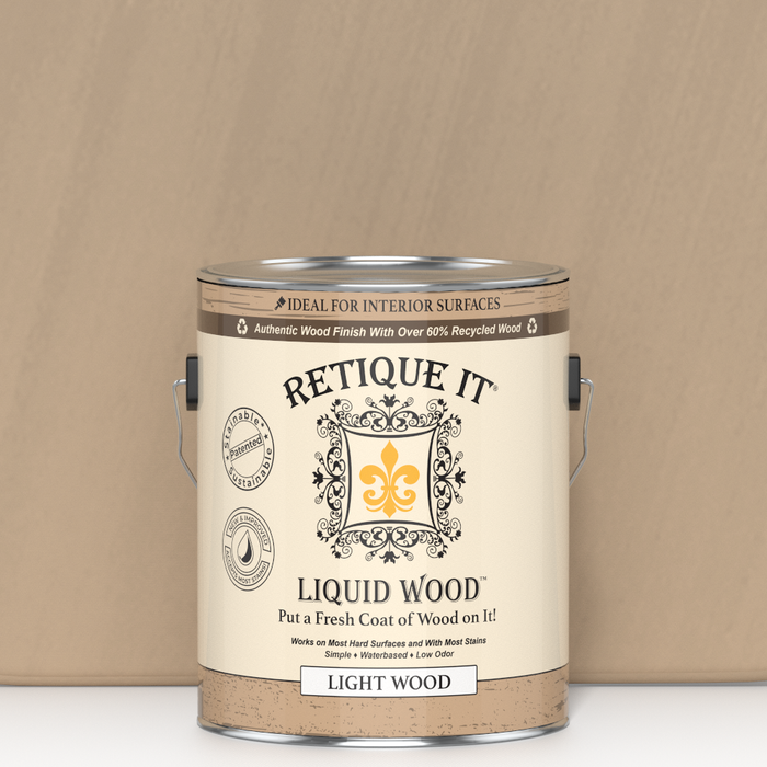 Retique It Liquid Wood interior paint in 128oz light shade, showcasing a smooth application on wood surface.