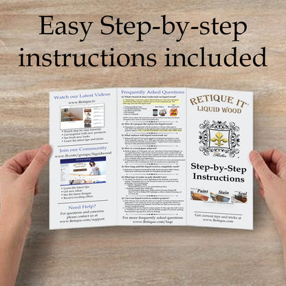 Hands holding a book with instructions for Retique It Liquid Wood 16oz Bleached interior paint application.