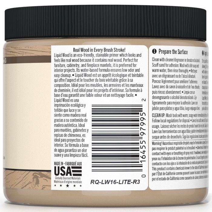 Retique It Liquid Wood 16oz Light interior paint in a bottle, showcasing smooth, light-colored wood finish for interior surfaces.