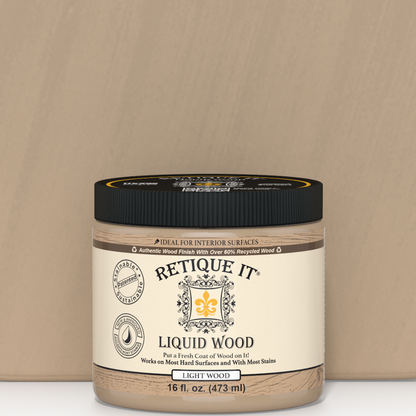 Retique It Liquid Wood interior paint in 16oz Light color, showcasing smooth application on a wooden surface.