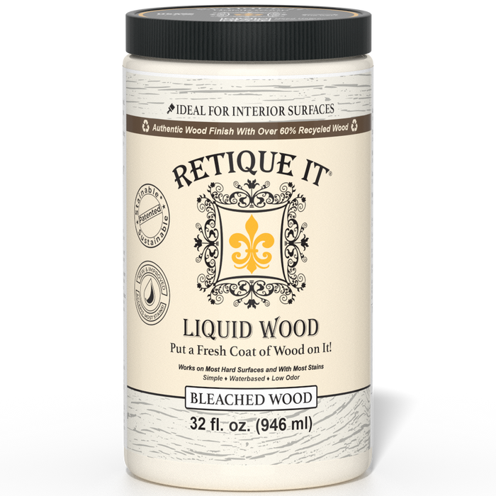 Liquid Wood bleach interior paint by Retique It in a 32oz container, showing the lightened, bleached wood finish on a sample surface.