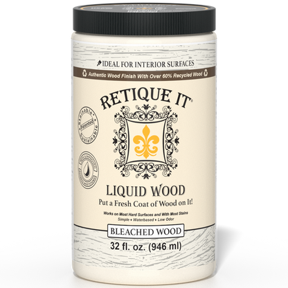 Liquid Wood bleach interior paint by Retique It in a 32oz container, showing the lightened, bleached wood finish on a sample surface.