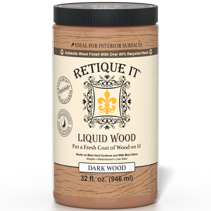 Retique It Liquid Wood interior paint in 32oz dark finish, shown on a wooden surface with a smooth, even application.