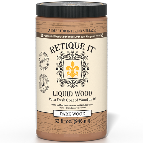 Retique It Liquid Wood interior paint in 32oz dark finish, shown on a wooden surface with a smooth, even application.