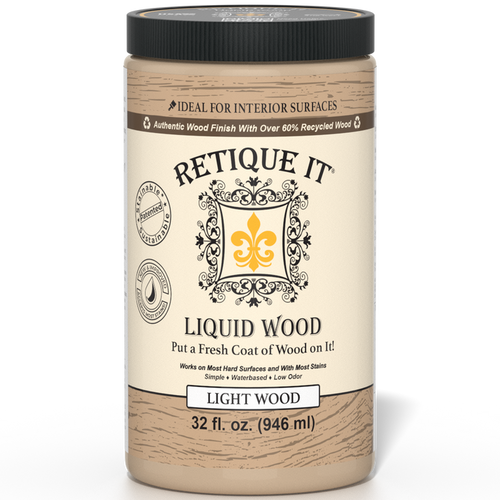 Retique It Liquid Wood interior paint in 32oz Light finish, showing a smooth application on a wooden surface.