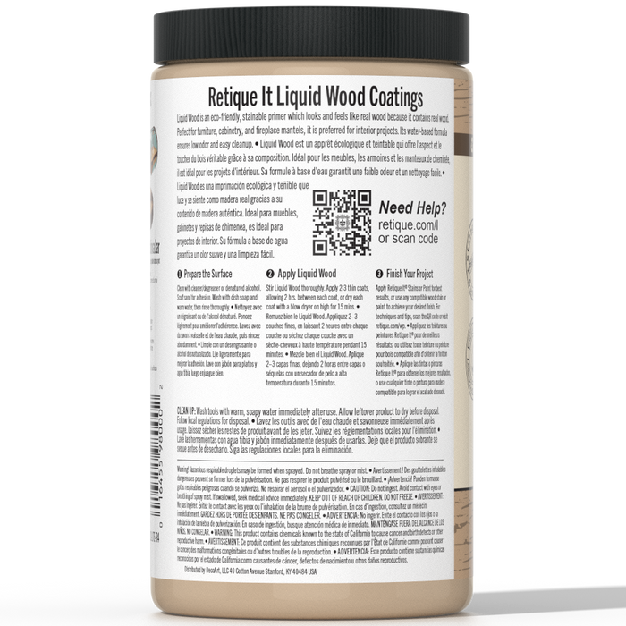 Liquid Wood interior paint by Retique It in a 32oz light shade, shown in a 3D product image.