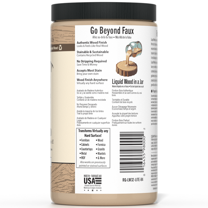 Retique It Liquid Wood 32oz Light interior paint in a clear container, ready for wood finishing and interior decorating.