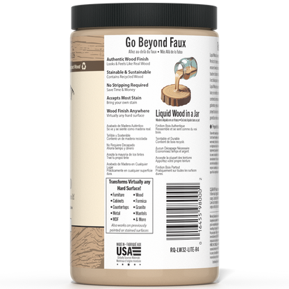 Retique It Liquid Wood 32oz Light interior paint in a clear container, ready for wood finishing and interior decorating.