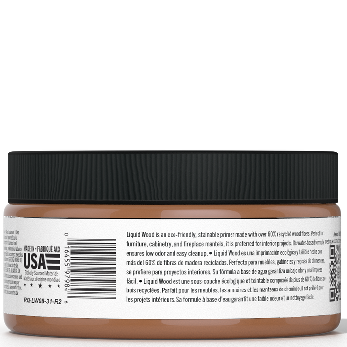 Retique It Liquid Wood interior paint in an 8oz dark finish, showing a jar with dark liquid wood paint and branding.