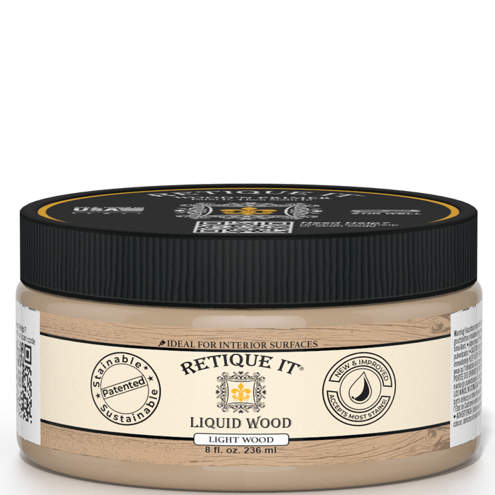 Retique It Liquid Wood interior paint in 8oz light finish, shown in a jar, ideal for wood surface transformations.