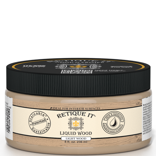 Retique It Liquid Wood interior paint in 8oz light finish, shown in a jar, ideal for wood surface transformations.