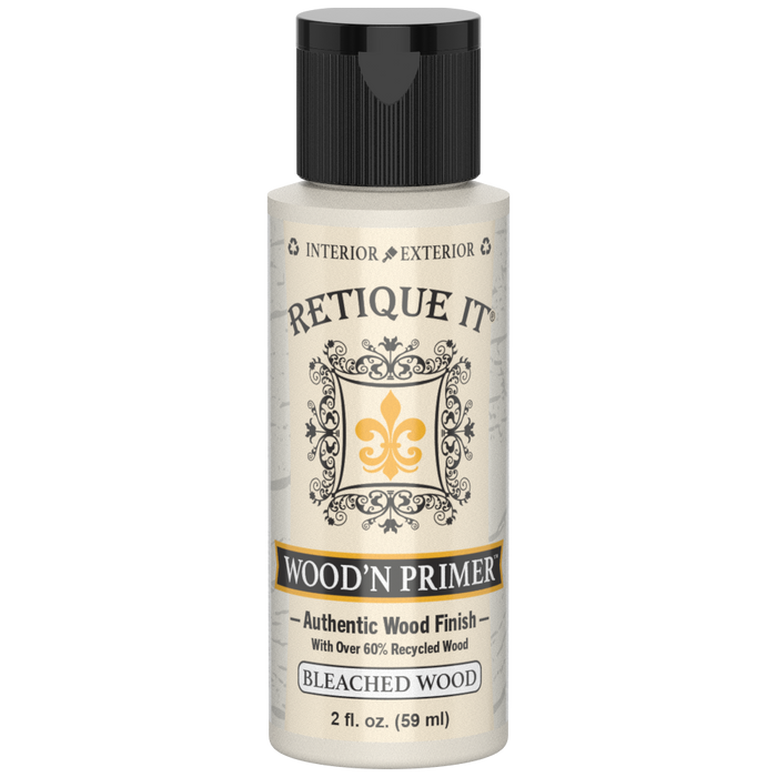Front view of Retique It Wood'n Primer Bleached Wood 2-ounce sample bottle with a black cap.