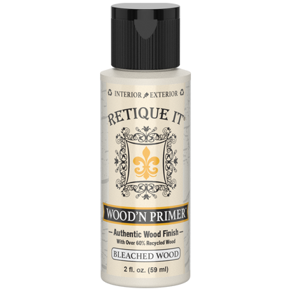 Front view of Retique It Wood'n Primer Bleached Wood 2-ounce sample bottle with a black cap.