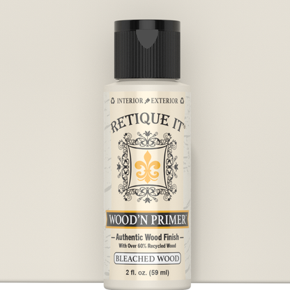 Retique It Wood'n Primer Bleached Wood 2-ounce sample bottle against a matching pale color swatch.