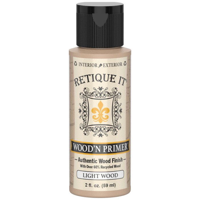 Front view of Retique It Wood'n Primer Light Wood 2-ounce sample bottle with a black cap.