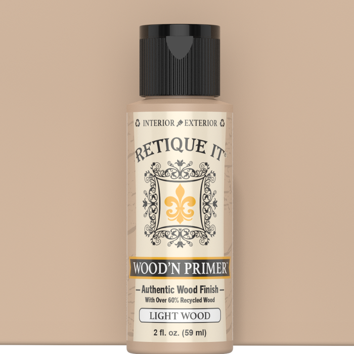 Retique It Wood'n Primer Light Wood 2-ounce sample bottle against a matching tan color swatch.