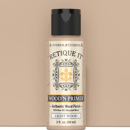 Retique It Wood'n Primer Light Wood 2-ounce sample bottle against a matching tan color swatch.