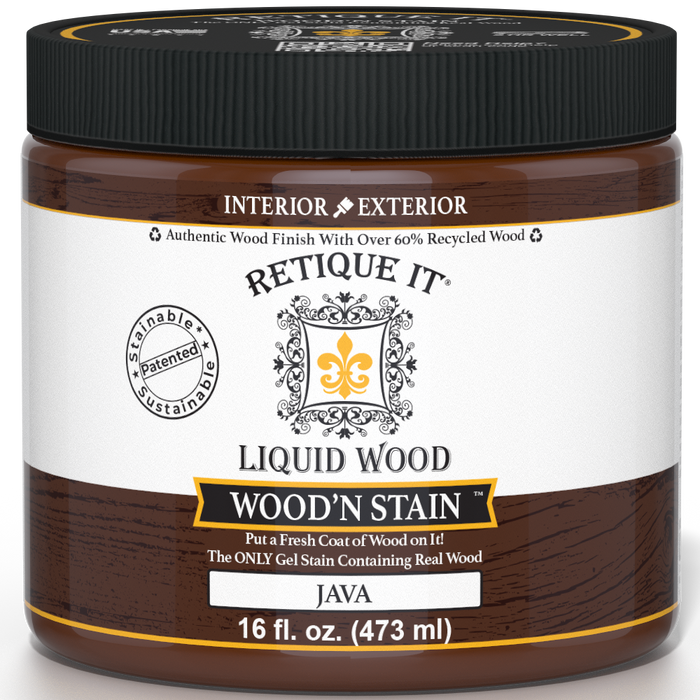 Retique It Liquid Wood Wood'n Stain in Java, 16 oz, a wood stain with rich, warm brown color for woodworking projects.