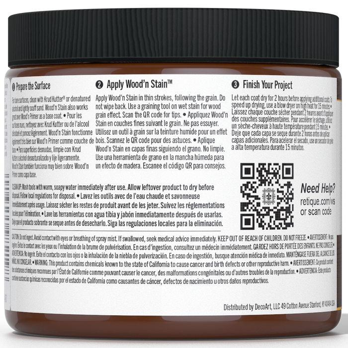 Retique It Liquid Wood Wood'n Stain in Java, 16 oz, showcasing the rich, warm wood stain color in a container with stain application tools.