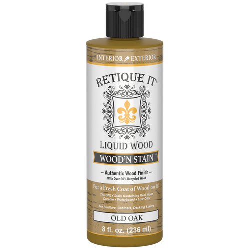 Retique It Liquid Wood Wood'n Stain in Old Oak, 8 oz bottle, showing the stain's rich oak color and smooth liquid consistency.