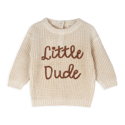 Viverano Organics baby sweater with Little Dude text in soft beige organic cotton wear