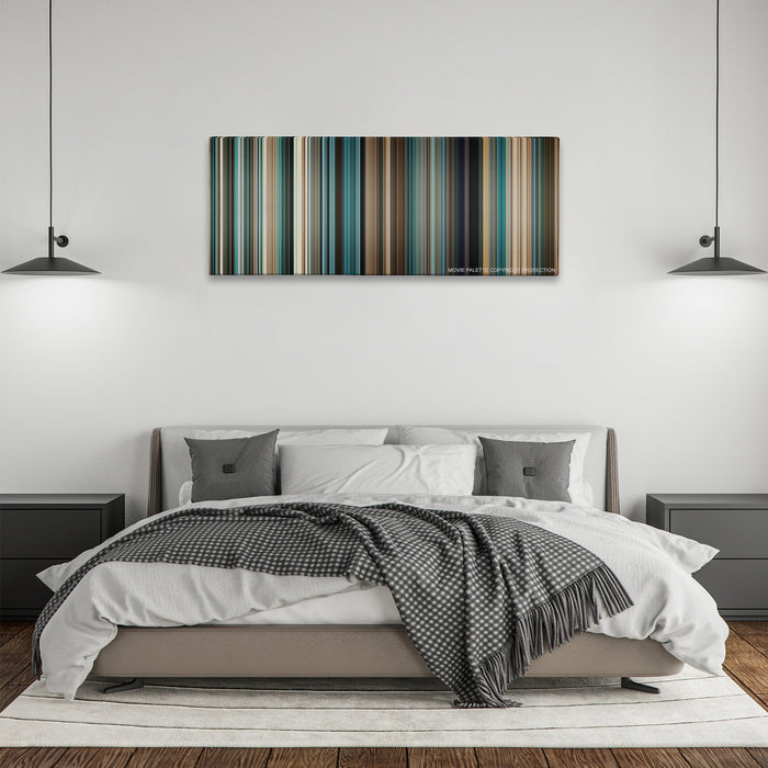 Lord of War color palette canvas above a bed, between two black pendant lamps