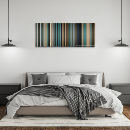 Lord of War color palette canvas above a bed, between two black pendant lamps