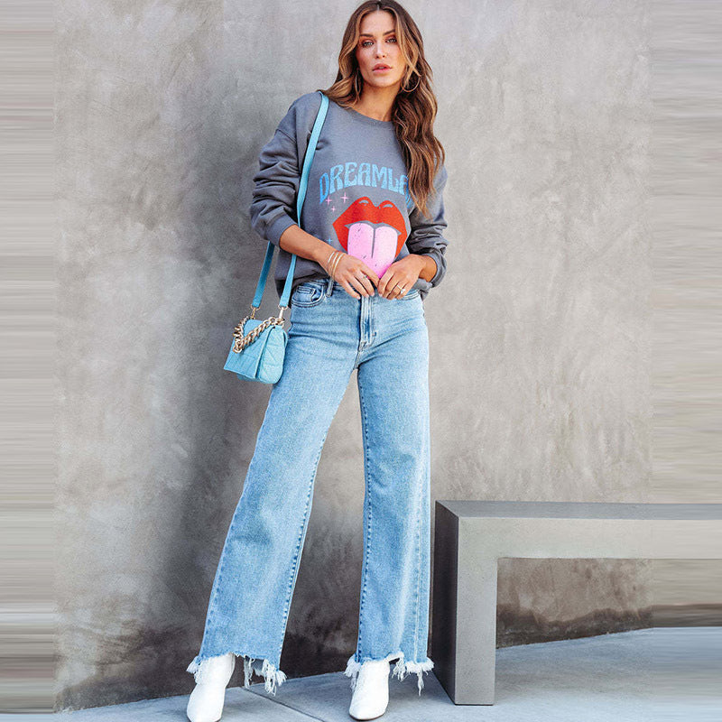 Women Fashion Casual Fringe Straight Jeans