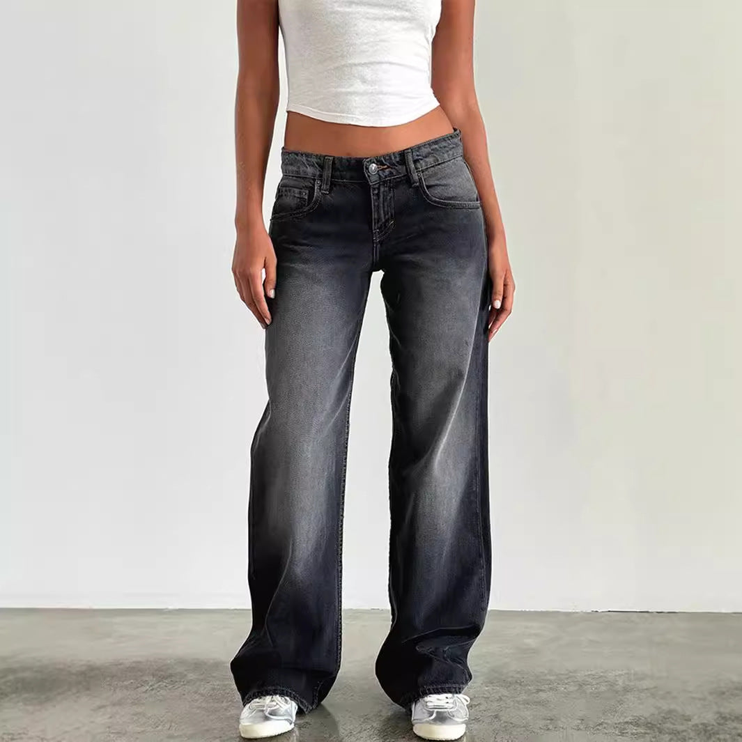 Women Fashion Casual Straight Wide Leg Jeans