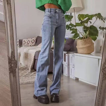 Retro Mid-Waist Pentagonal Pattern Casual Denim Bootcut Straight Jeans