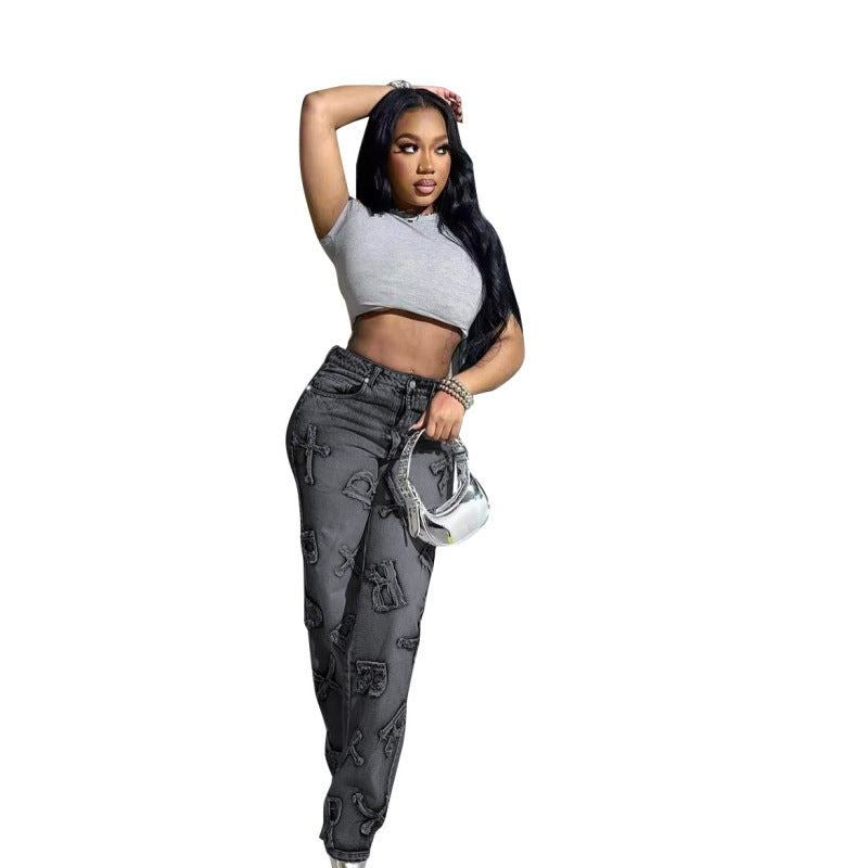 Women Fashion Casual Letter Straight Jeans