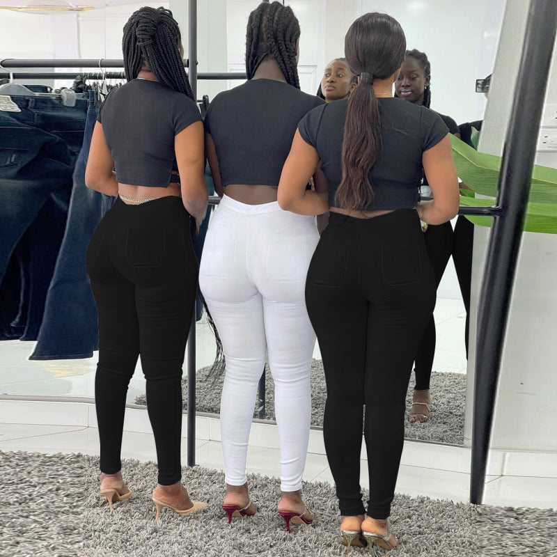 Women Solid Color Casual Tight High Waist High Elastic Skinny Jeans