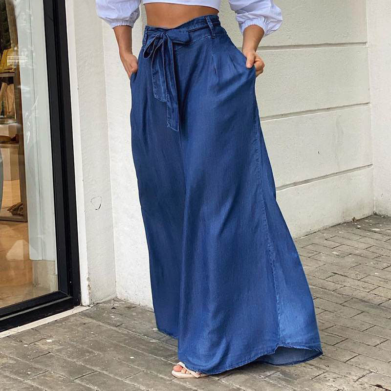 Women Casual Elegant Lace-Up High Waist Wide Leg Plus Size Jeans