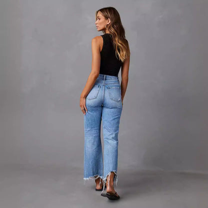 Women Casual Ripped High-Waist Straight Raw Hem Jeans