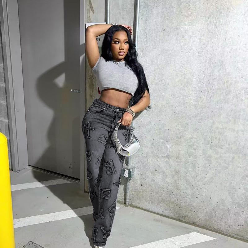 Women Fashion Casual Letter Straight Jeans