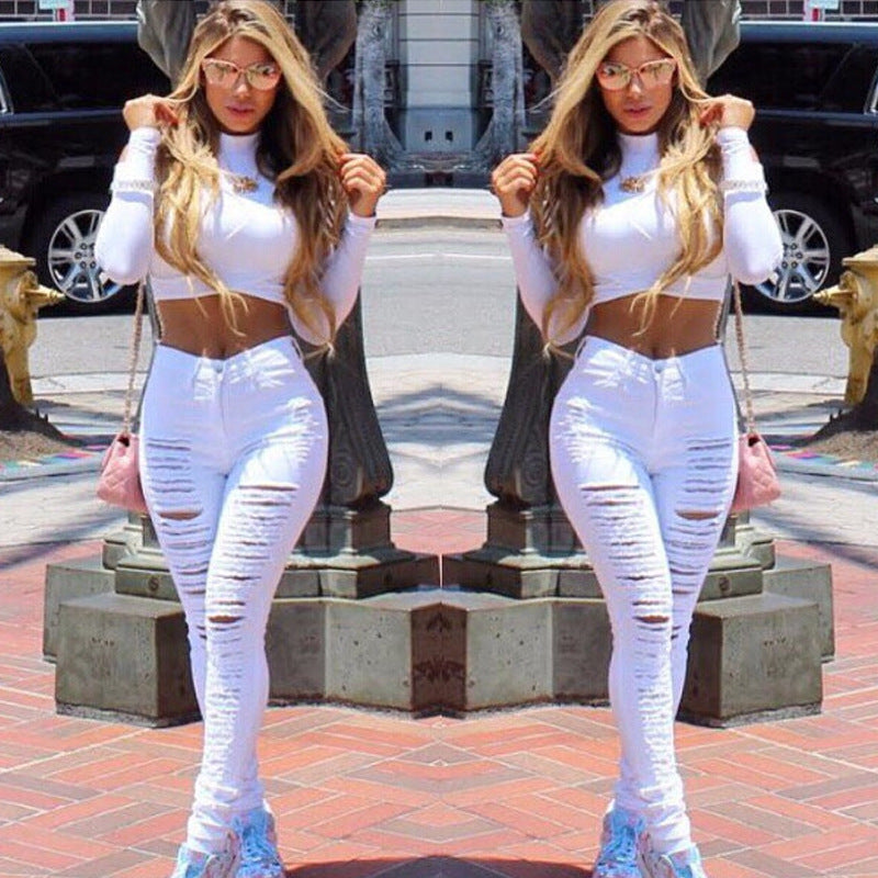 Women Casual Tight Hole Stretch Skinny Ripped Jeans