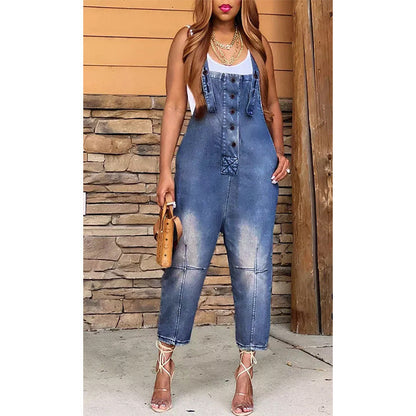 Women Fashion Casual Strap Jeans Pocket Suspender Denim Jumpsuits