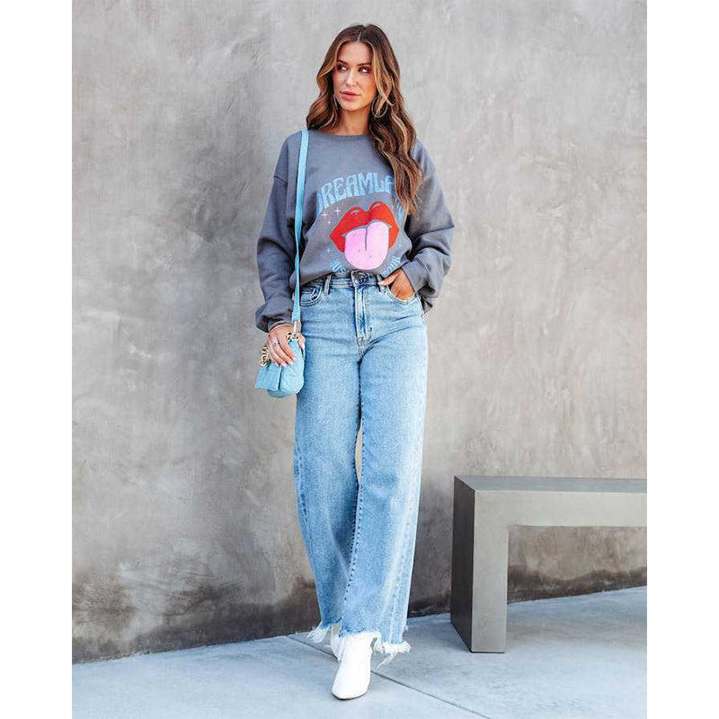 Women Fashion Casual Fringe Straight Jeans