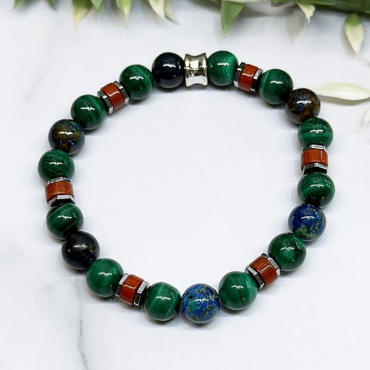 Malachite, Azurite, Red Jasper and Titanium Silver Hexagon Hematite Bracelet – Artisan Made
