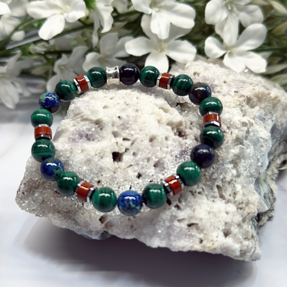 Malachite, Azurite, Red Jasper and Titanium Silver Hexagon Hematite Bracelet – Artisan Made