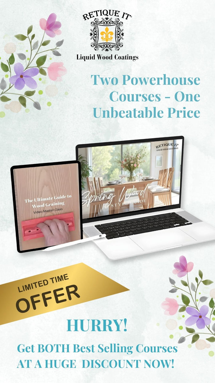 Retique It digital course bundle on mastering wood graining techniques and trends for 2025, featuring detailed instructional images.