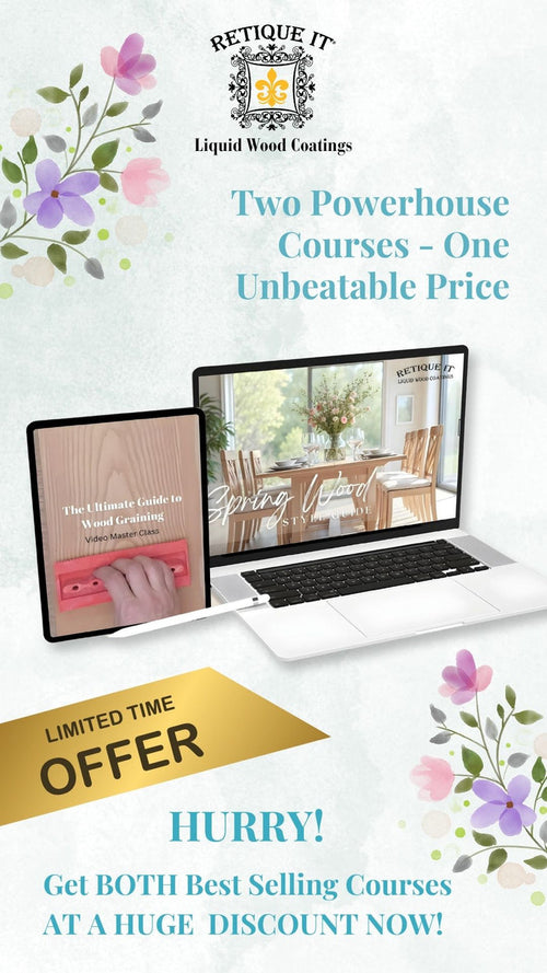Retique It digital course bundle on mastering wood graining techniques and trends for 2025, featuring detailed instructional images.
