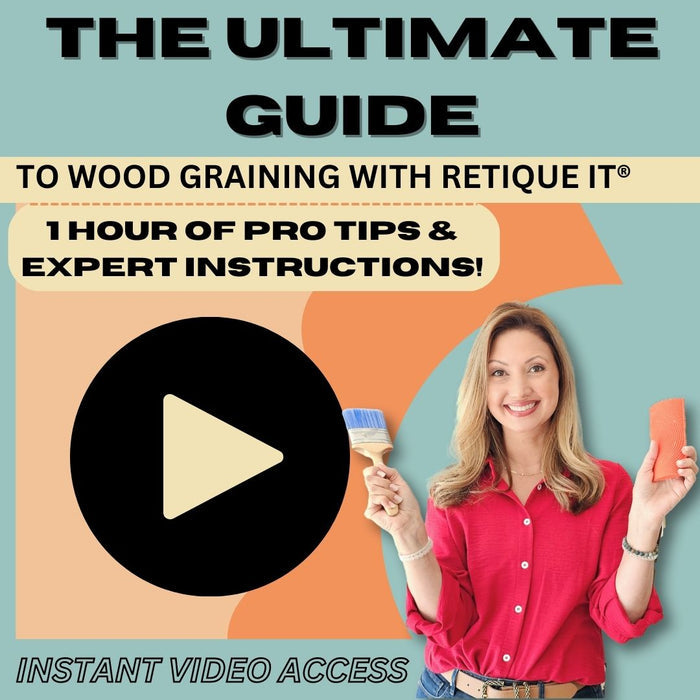 Digital guide by Retique It showing wood graining techniques and sample images for woodworking and finishing projects.