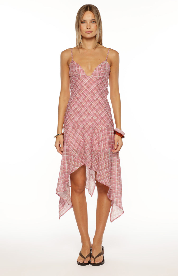 Milla Pink Plaid Hanky Hem Midi Dress