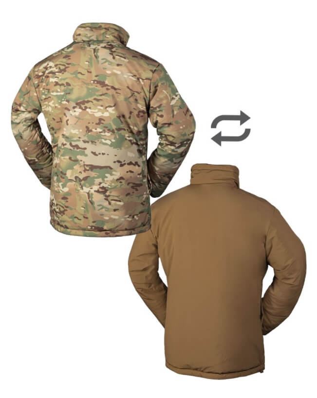 Miltec vendbar jakke Multicam Coyote forfra, camouflage og brun farve