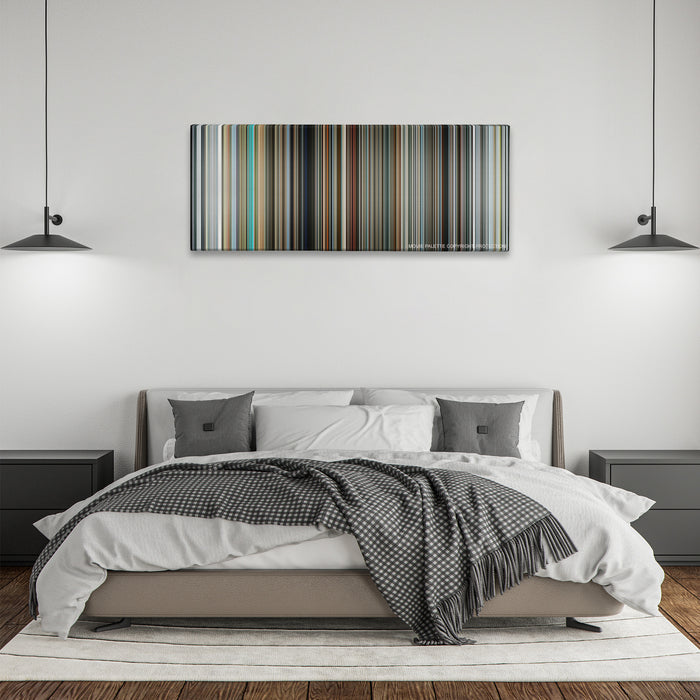 Mr. Nobody color palette canvas above a bed, between two black pendant lamps