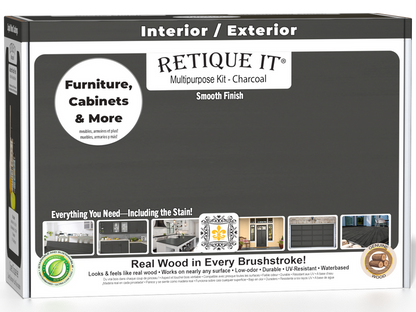 Retique It Multi-purpose Smooth Finish Kit in Charcoal for exterior wood with matte top coat, includes application tools and packaging