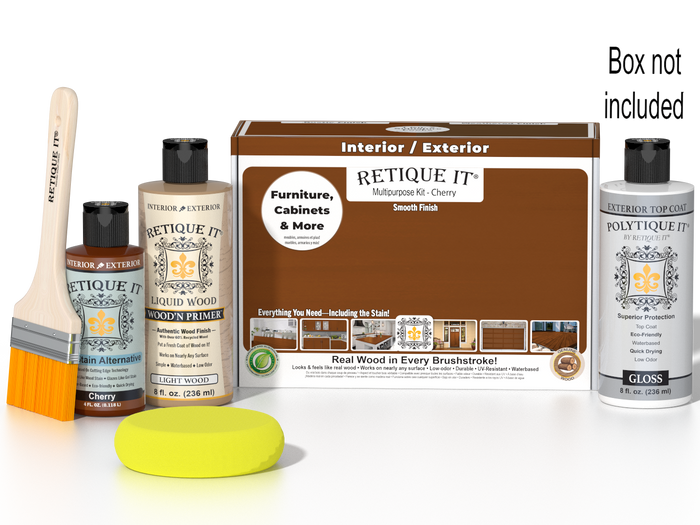 Retique It Cherry Multi-purpose Smooth Finish Kit with exterior top coat in gloss, includes wood finishing tools and products.