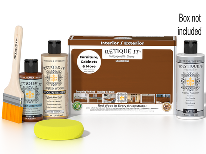 Retique It Cherry Multi-purpose Smooth Finish Kit with exterior satin top coat and wood finish, includes application tools.