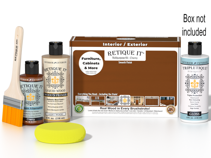 Retique It Multi-purpose Smooth Finish Kit in Cherry for interior wood projects, with wood top coat and application tools.